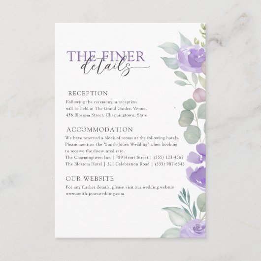 Boho Purple Floral Wedding Details  Informatiekaartje (Voorkant)
