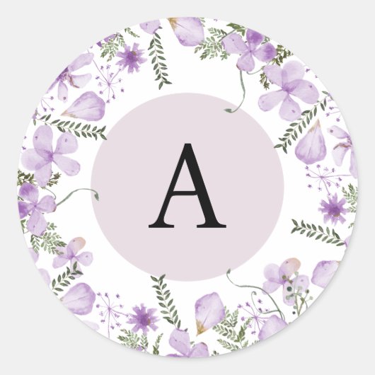 Boho Purple Flowers Monogram Round Envelope Seal Ronde Sticker (Voorkant)