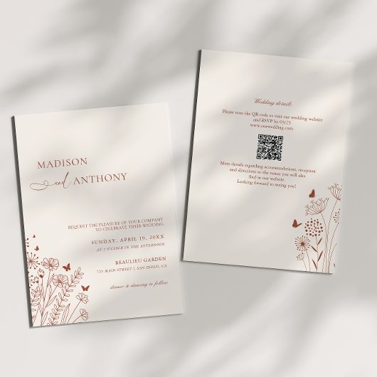 Boho QR Code Terracotta Wildflower Wedding 2 in 1 Kaart