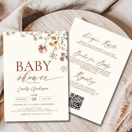 Boho QR Code Wildflower Alles in één Baby shower Kaart