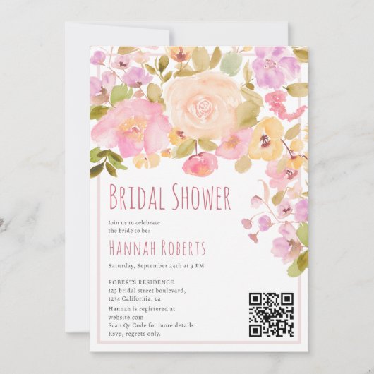 Boho QR Pastel Roze perzik Bloemen Vrijgezellenfee Kaart (Voorkant)