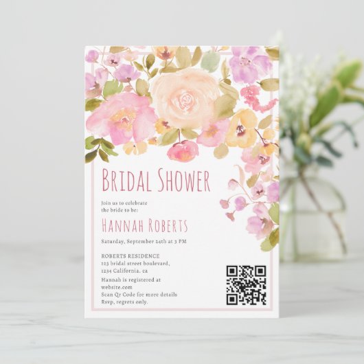 Boho QR Pastel Roze perzik Bloemen Vrijgezellenfee Kaart (Staand voorkant)
