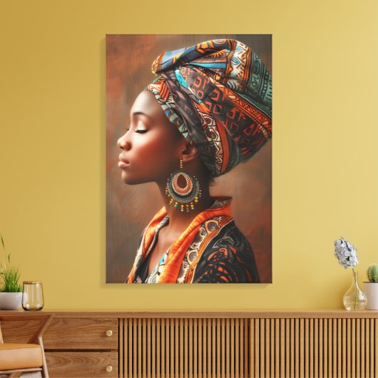 Boho Queen: Afrikaanse dame in traditionele sjaalm Canvas Afdruk (Insitu (Woonkamer))