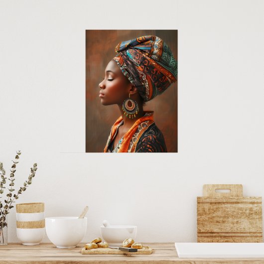 Boho Queen: Afrikaanse dame in traditionele sjaalm Poster (Keuken)