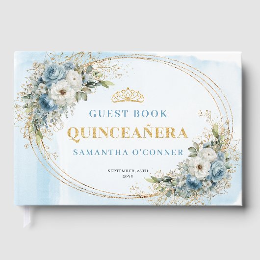 Boho Quinceañera Dusty Blue Gold Eucalyptus  Gastenboek (Voorkant)