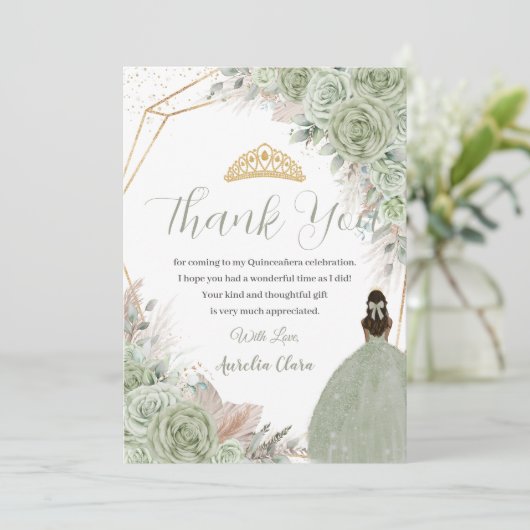 Boho Quinceanera Sage Groen Bloemen Pampa's Gras Bedankkaart (Staand voorkant)