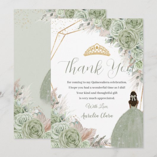 Boho Quinceanera Sage Groen Bloemen Pampa's Gras Bedankkaart (Voorkant / Achterkant)