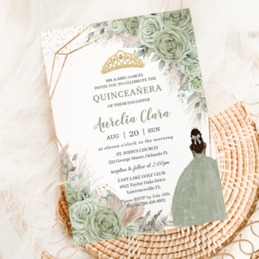 Boho Quinceanera Sage Groen Bloemen Pampa's Gras Kaart