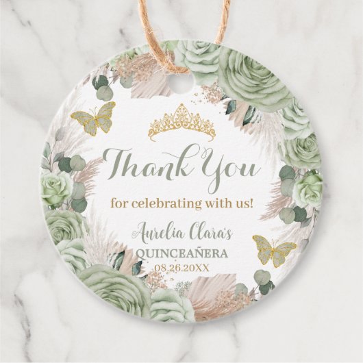 Boho Quinceañera Sage Groen Bloemen Pampas Grass Bedankjes Labels (Voorkant)