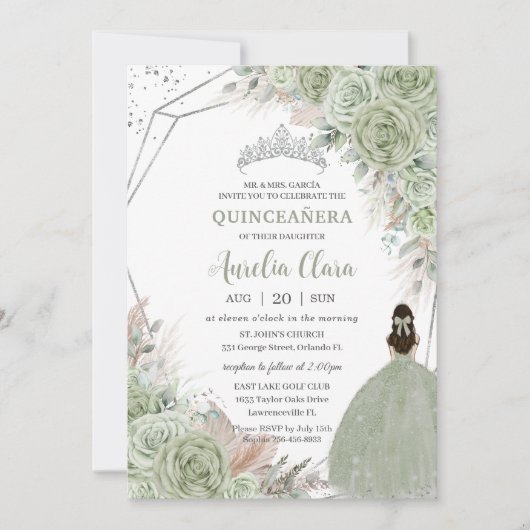 Boho Quinceañera Sage Groen Bloemen Pampas Grass Kaart (Voorkant)