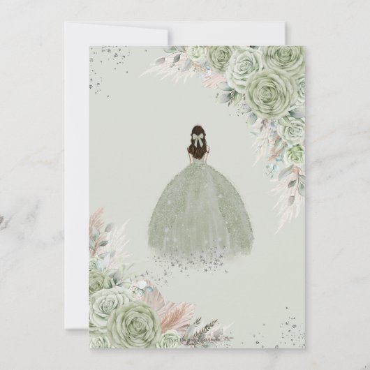 Boho Quinceañera Sage Groen Bloemen Pampas Grass Kaart (Achterkant)