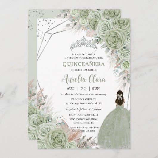 Boho Quinceañera Sage Groen Bloemen Pampas Grass Kaart (Voorkant / Achterkant)