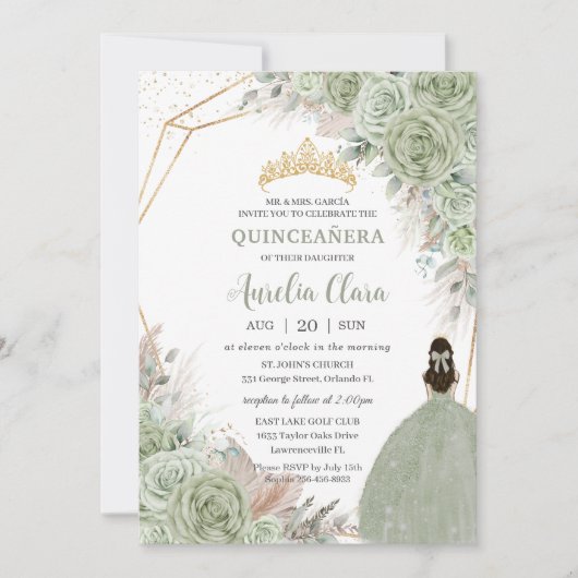 Boho Quinceañera Sage Groen Bloemen Pampas Grass Kaart (Voorkant)