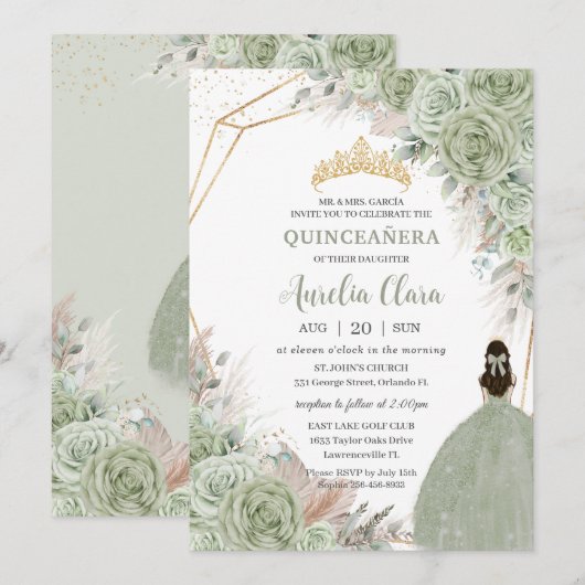 Boho Quinceañera Sage Groen Bloemen Pampas Grass Kaart (Voorkant / Achterkant)