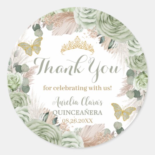 Boho Quinceañera Sage Groen Bloemen Pampas Grass Ronde Sticker (Voorkant)