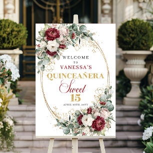 Boho Quinceanera Welkom Bord Burgundy Bloemen Goud Poster