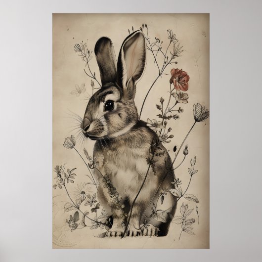 Boho Rabbit Bunny Flower Print, Rustic Hare Poster (Voorkant)