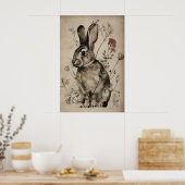 Boho Rabbit Bunny Flower Print, Rustic Hare Poster (Keuken)