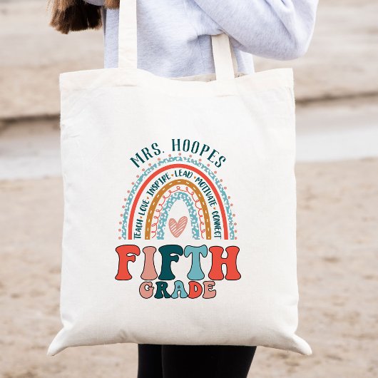 Boho Rainbow 5th Grade Tribe Teacher Squad Aangepa Tote Bag