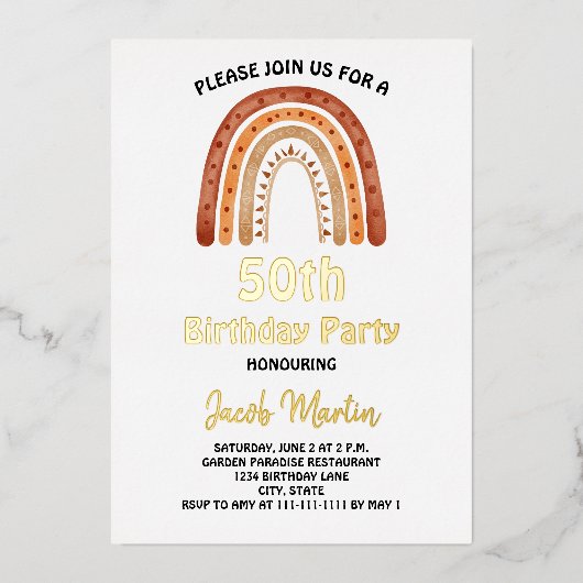 Boho Rainbow Aangepaste Verjaardagsfeest Folie Uit Folie Uitnodiging (Voorkant)