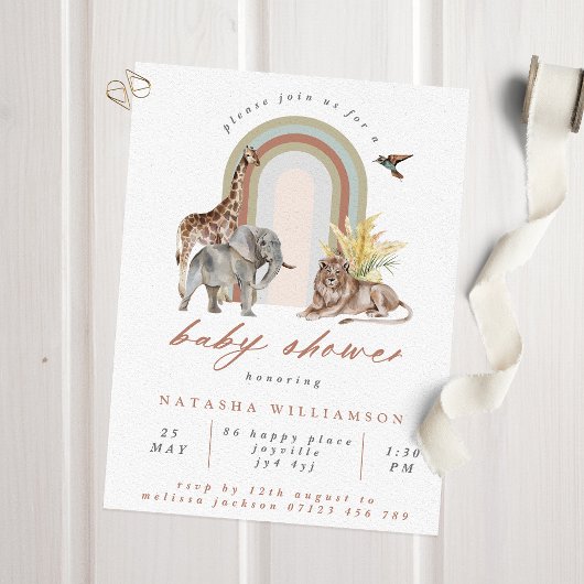 Boho Rainbow Arch & Safari Animals Baby shower Kaart