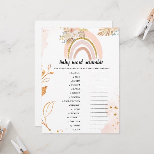 Boho Rainbow Baby scramble woord Baby shower spel Kaart (Voorkant / Achterkant in situ)