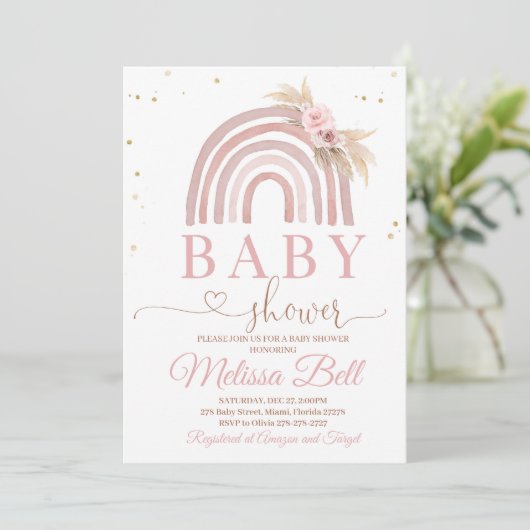 Boho Rainbow Baby shower Invitation Pampas Kaart (Staand voorkant)