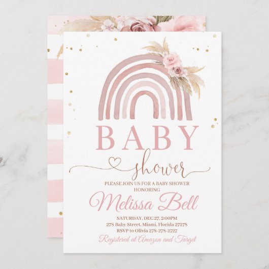 Boho Rainbow Baby shower Invitation Pampas Kaart (Voorkant / Achterkant)