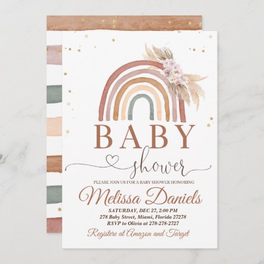Boho Rainbow Baby shower Invitation Pink Pampas Kaart (Voorkant / Achterkant)