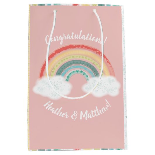 Boho Rainbow Baby shower Roze Medium Cadeauzakje (Voorkant)