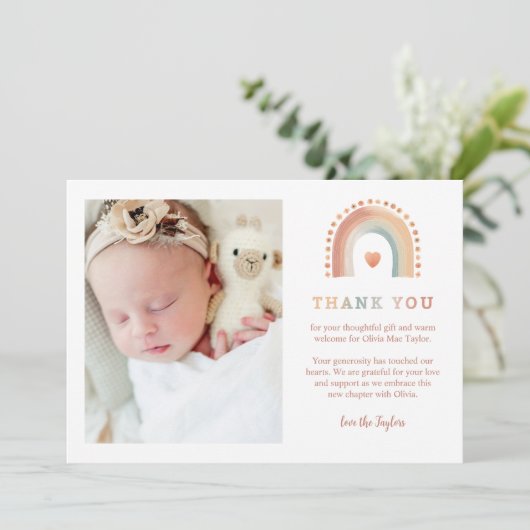 Boho Rainbow Baby Thank You Card – 2-foto modern Bedankkaart (Staand voorkant)