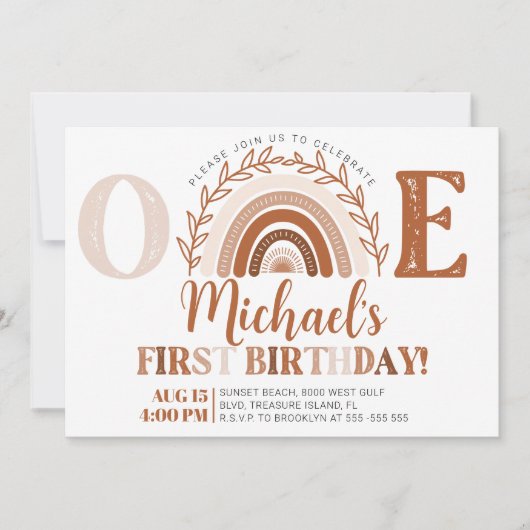 Boho Rainbow Birthday Invitation, Terracotta Tones Kaart (Voorkant)