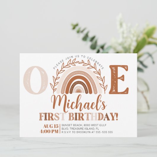 Boho Rainbow Birthday Invitation, Terracotta Tones Kaart (Staand voorkant)