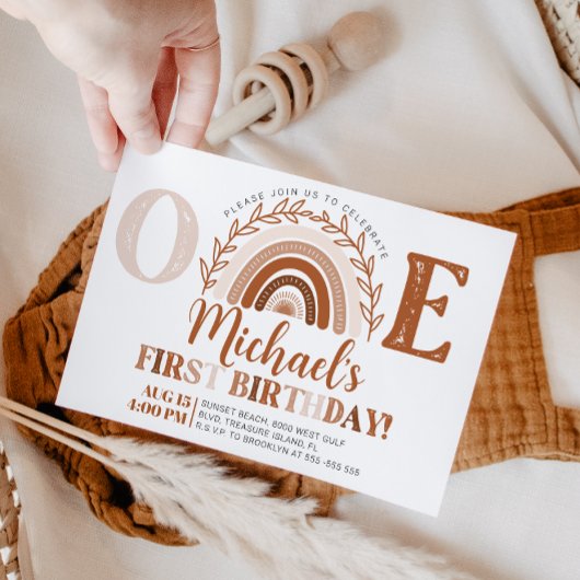 Boho Rainbow Birthday Invitation, Terracotta Tones Kaart