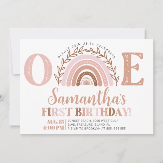 Boho Rainbow Birthday Terracotta Muted Tones Invit Kaart (Voorkant)