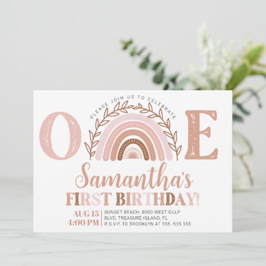 Boho Rainbow Birthday Terracotta Muted Tones Invit Kaart (Staand voorkant)