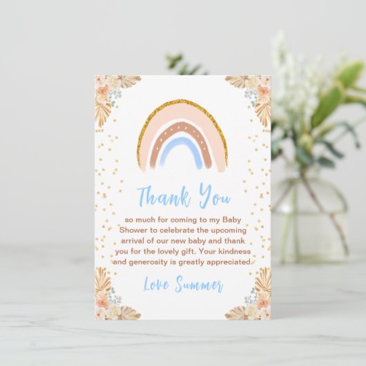 Boho Rainbow Blue Baby shower Bedankkaart (Staand voorkant)