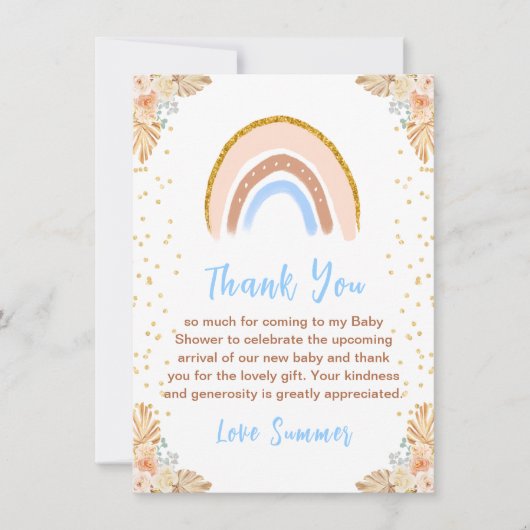 Boho Rainbow Blue Baby shower Bedankkaart (Voorkant)
