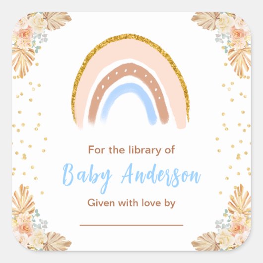 Boho Rainbow Blue Baby shower Bookplate Vierkante Sticker (Voorkant)