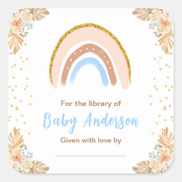 Boho Rainbow Blue Baby shower Bookplate Vierkante Sticker