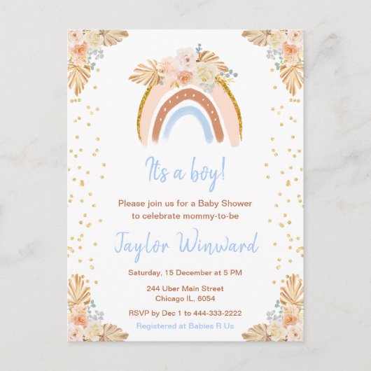 Boho Rainbow Blue Baby shower Briefkaart (Voorkant)