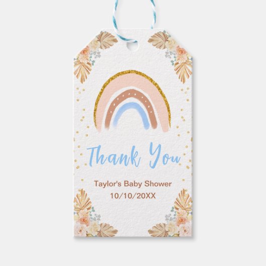 Boho Rainbow Blue Baby shower dank u Cadeaulabel (Voorkant)