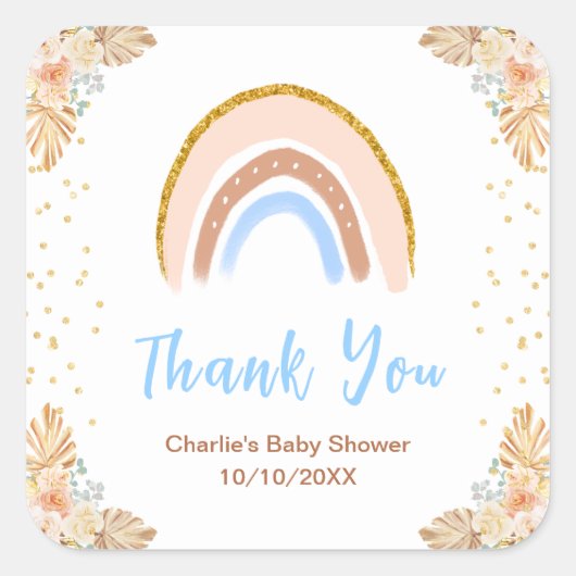 Boho Rainbow Blue Baby shower dank u Vierkante Sticker (Voorkant)