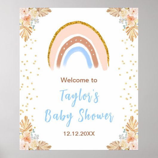 Boho Rainbow Blue Baby shower Welkom Poster (Voorkant)