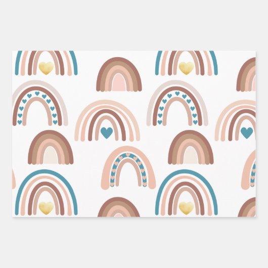 Boho Rainbow Blue Blush Gold Hearts Inpakpapier Vel (Voorkant 3)