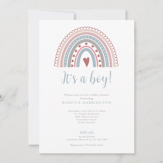 Boho Rainbow Blue Boy Baby shower Kaart (Voorkant)