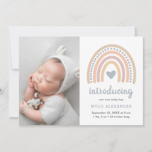 Boho Rainbow Blue Heart Cute Baby Photo Birth Aankondiging
