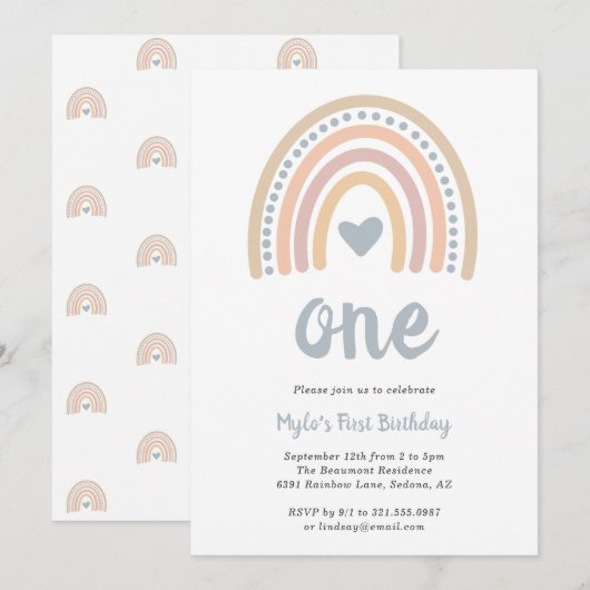 Boho Rainbow Blue Heart Cute Boy eerste verjaardag Kaart (Voorkant / Achterkant)