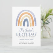 Boho Rainbow Blue Kind Birthday Party Invitation Kaart (Staand voorkant)