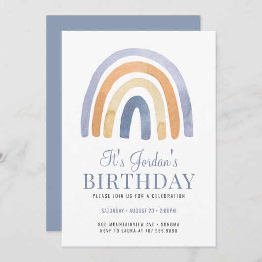 Boho Rainbow Blue Kind Birthday Party Invitation Kaart (Voorkant / Achterkant)
